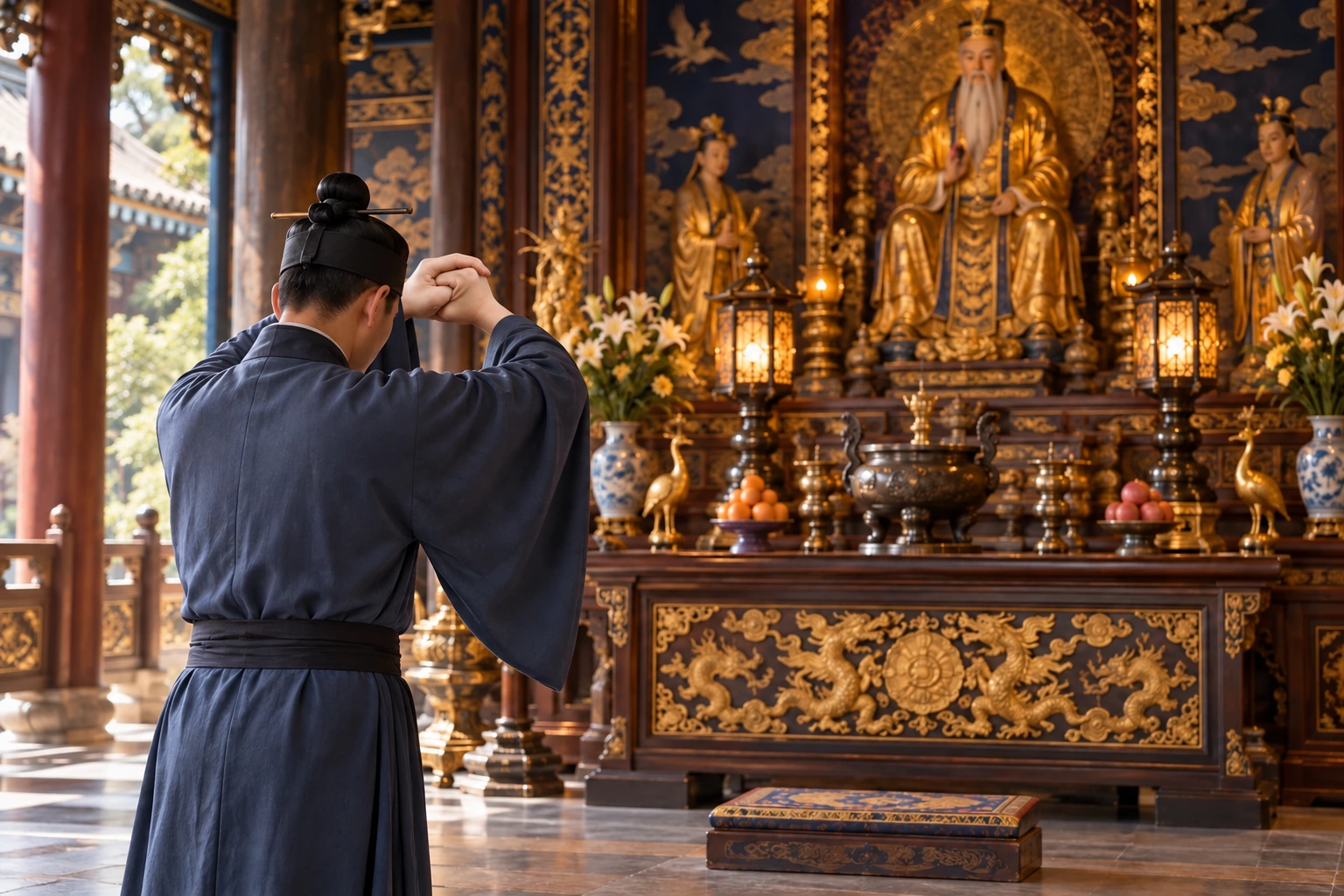 心香示意圖:道士依包拳作揖手勢高舉,向神壇敬拜