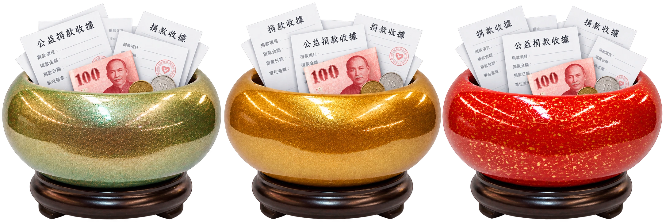 道德盆示意圖:綠盆在左、金盆在中、紅盆在右,以公益捐款收據影本為主,另有孫中山頭像百元鈔與少量錢幣